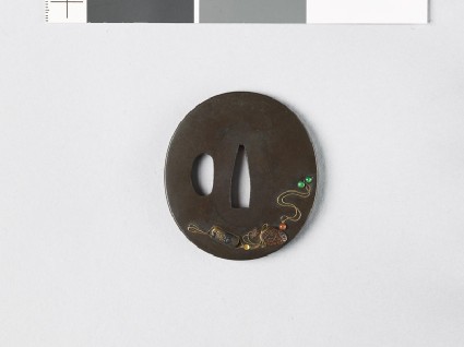 Tsuba with an inrō, tobacco pouch, netsuke, ojime, and fanfront