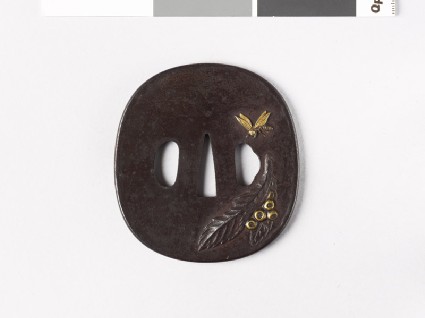 Tsuba with loquat leaves, fruit, and a waspfront