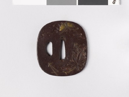 Tsuba with maple leaf, pine needles, and butterfliesfront