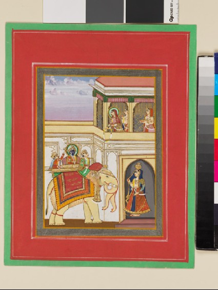 Rama on an elephant, with Sita and two women in a balcony abovefront