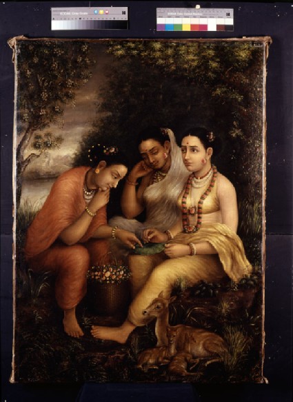 Shakuntala writing a love letter on a lotus leaffront