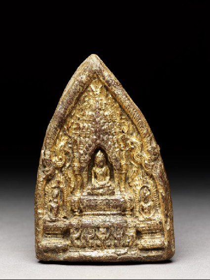 Votive plaque of the Buddha seated on thronefront