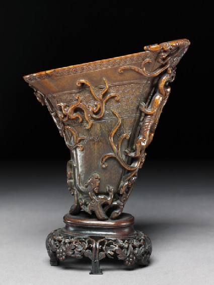 Rhinoceros horn libation cup with bronze-style decorationside