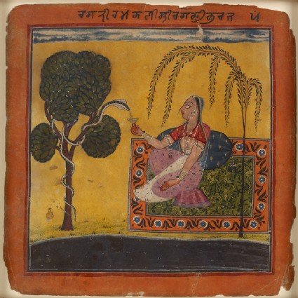 A lady offers milk to a snake, illustrating the musical mode Ramakali Raginifront
