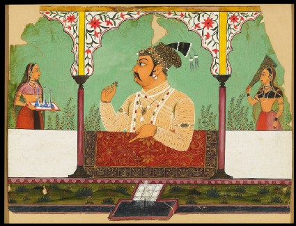 Maharaja Raj Singh of Sawar in a garden arcadefront