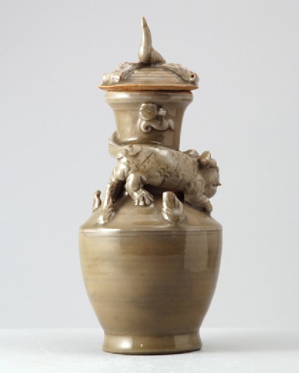 Greenware funerary vase with tiger, a puppy, and birdfront