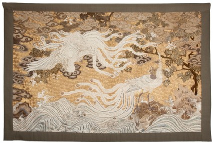 Two hōō, or mythical birds, over turbulent waves by a paulownia treefront, Cat. No. 6