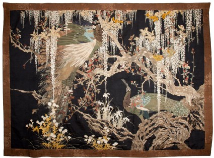 Peacock and peahen in a cherry tree with trailing wisteria, thistles, and irisfront, Cat. No. 20
