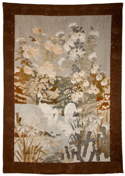 Egrets on a riverbank with irises, water lilies, and chrysanthemumsfront, Cat. No. 17