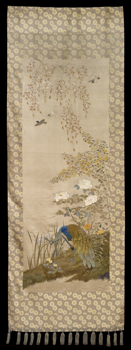 Peahen on a grassy bank with irises, lilies, and dandelionsfront, Cat. No. 23