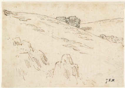 Hillside with rocks and a clump of treesfront