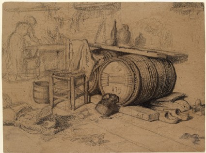 Interior with a barrel and pitcher and a woman workingfront