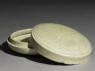 Greenware circular box and lid with flower decoration (oblique, open)