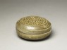 Greenware circular box and lid with floral stem decoration (oblique)