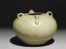 Greenware jar with chicken head and tail (oblique)