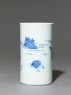 Blue-and-white brush pot depicting the immortal Zhang Qian (side)