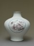 Baluster vase with cartouches depicting Mount Fuji, samurai, and chickens (side)