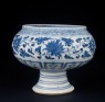Blue-and-white stem bowl with lotus flowers and mandarin ducks (oblique)