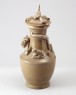 Greenware funerary vase with tiger, a puppy, and bird (oblique)